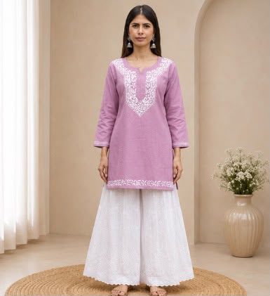 A woman modeling a lavender purple chikankari short kurta with white floral embroidery on the neckline and hem, paired with white palazzo pants, in a warm beige indoor setting.