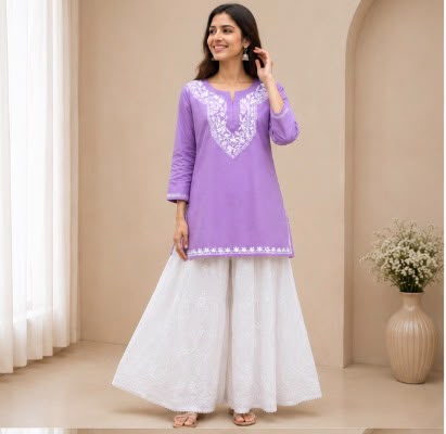 Chikankari Cotton Short Top For Women -HOUSE OF ANARAA
