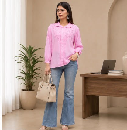 Chikankari Shirt – Powder Pink Hand Embroidered Modal Kurti for Women | House of Anaraa