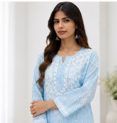 Lucknowi  Chikankari Brasso Cotton Long Kurti- Blue