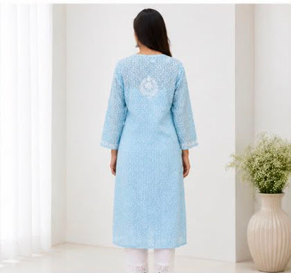 Lucknowi  Chikankari Brasso Cotton Long Kurti- Blue