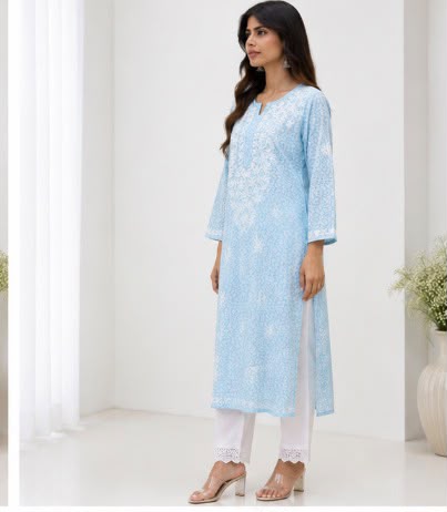 Lucknowi  Chikankari Brasso Cotton Long Kurti- Blue