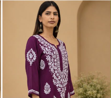 Wine Chikankari Modal Long Kurti