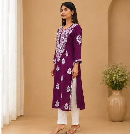 Wine Chikankari Modal Long Kurti