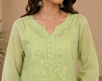 Chikankari Kurti – Pistachio Green Hand Embroidered Mul Chanderi Kurti for Women | House of Anaraa