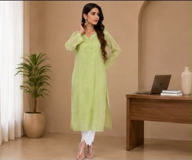 Chikankari Kurti For Women-Pistachio Green Mul Chanderi Kurti