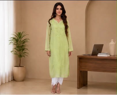 A woman modeling a light green chikankari long kurta with white pants in a warm beige indoor room setting with a desk, laptop, and potted plant.