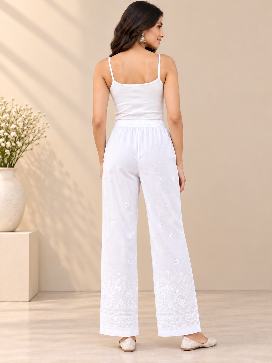Chikankari Cotton Straight Pants for Women | Lucknowi Embroidered Cotton Trousers – House of Anaraa