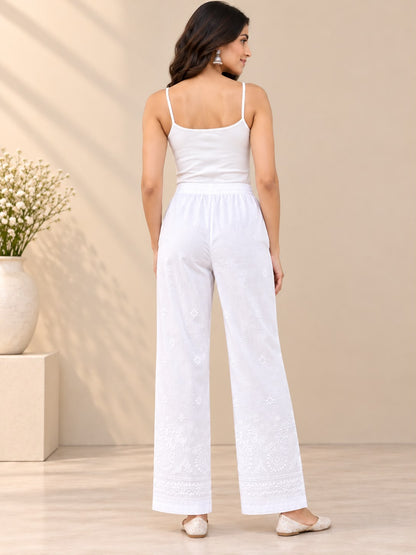 Chikankari Cotton Straight Pants for Women | Lucknowi Embroidered Cotton Trousers – House of Anaraa