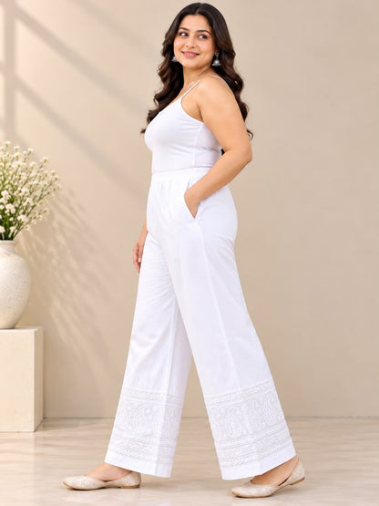 Chikankari Lycra Cotton Plus Size Straight Pants for Women | House of Anaraa