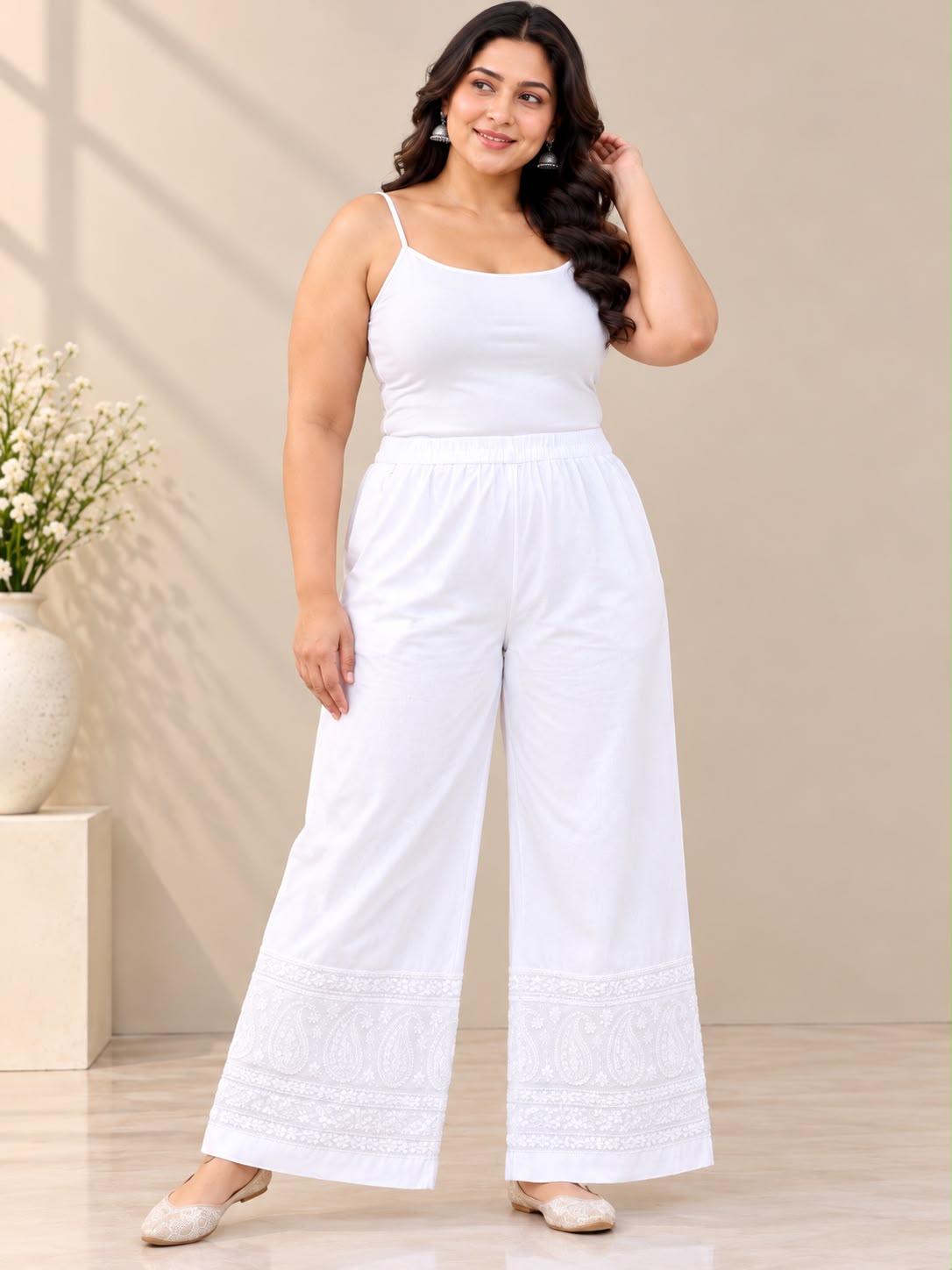 Chikankari Lycra Cotton Plus Size Straight Pants for Women | House of Anaraa