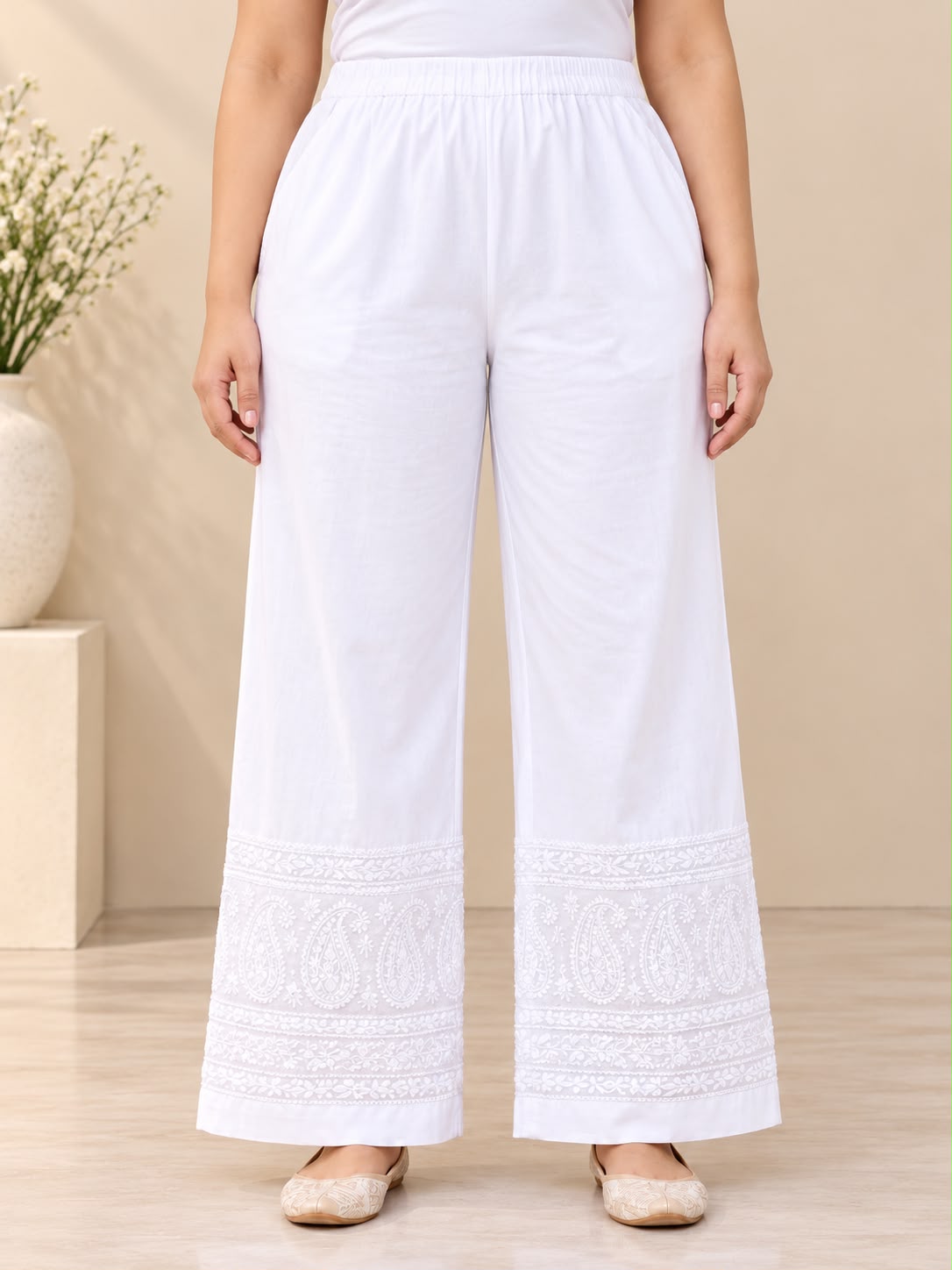 Chikankari Lycra Cotton Plus Size Straight Pants for Women | House of Anaraa