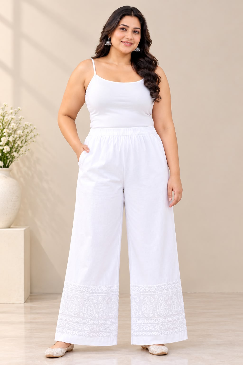 Chikankari Lycra Cotton Plus Size Straight Pants for Women | House of Anaraa