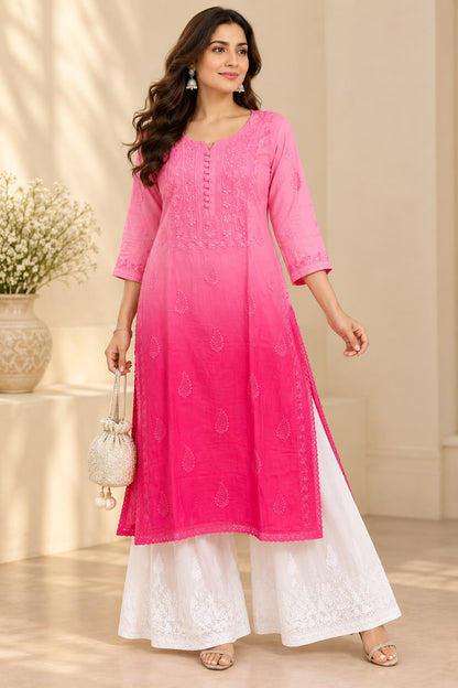 Aarohi Pink Ombre Muslin Long Kurti for Women | House of Anaraa