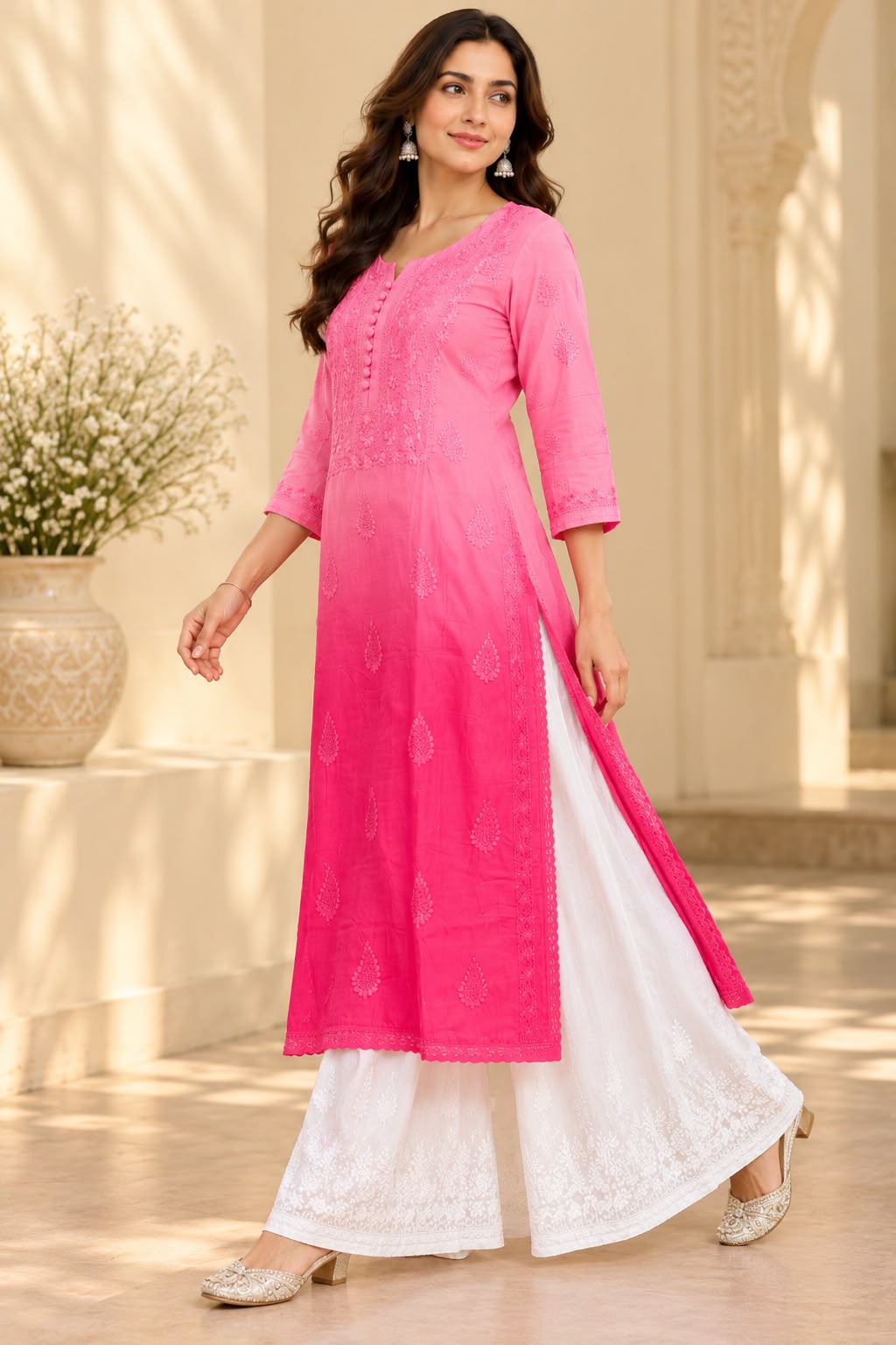 Aarohi Pink Ombre Muslin Long Kurti for Women | House of Anaraa