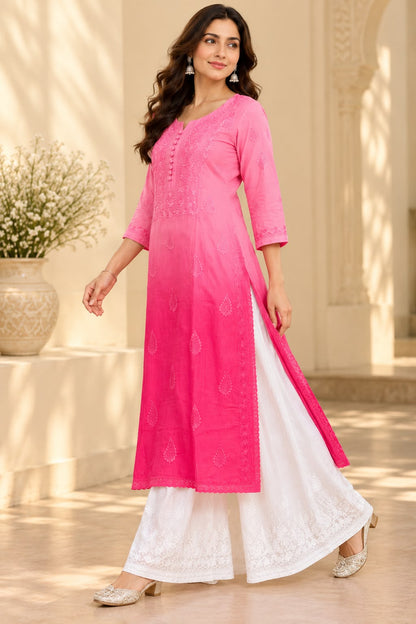 Aarohi Pink Ombre Muslin Long Kurti for Women | House of Anaraa