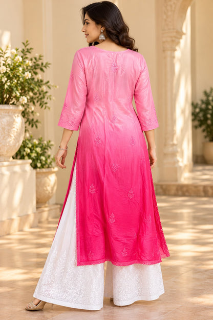 Aarohi Pink Ombre Muslin Long Kurti for Women | House of Anaraa