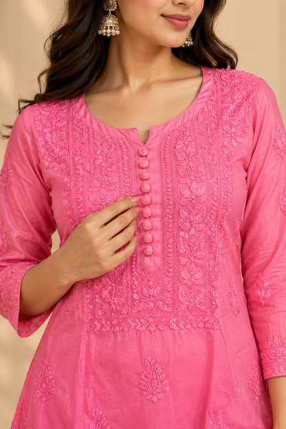 Aarohi Pink Ombre Muslin Long Kurti for Women | House of Anaraa