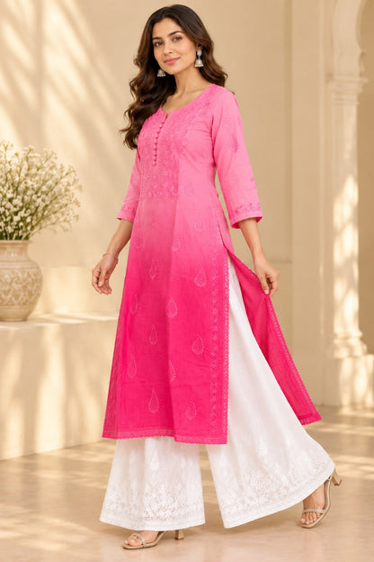 Aarohi Pink Ombre Muslin Long Kurti for Women | House of Anaraa