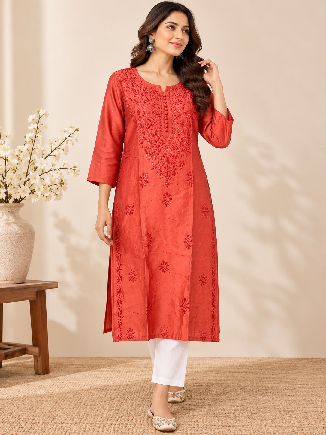 Sitara Rust Chanderi Silk Chikankari Kurti