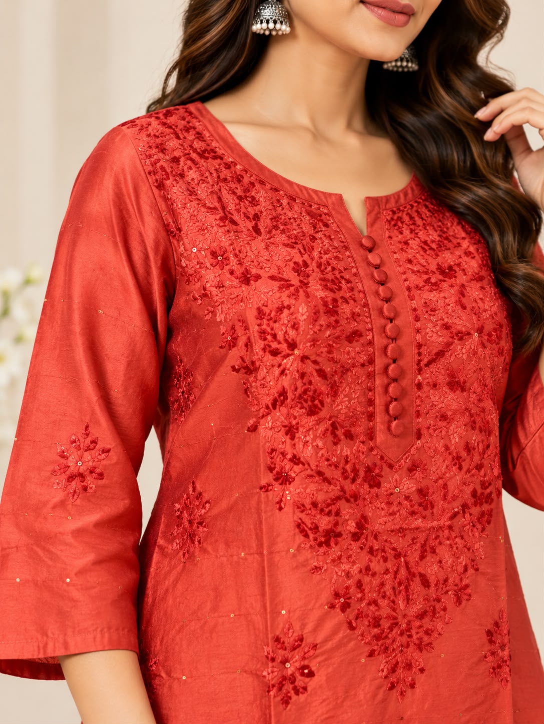 Sitara Rust Chanderi Silk Chikankari Kurti