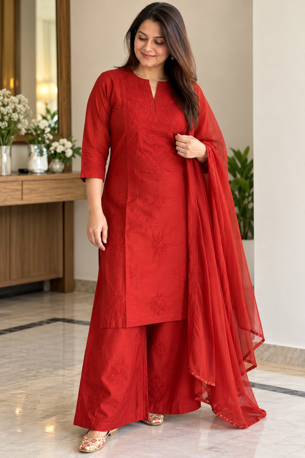 Chanderi Silk Chikankari Palazzo Set with Resham Thread Embroidery & Dupatta | House of Anaraa
