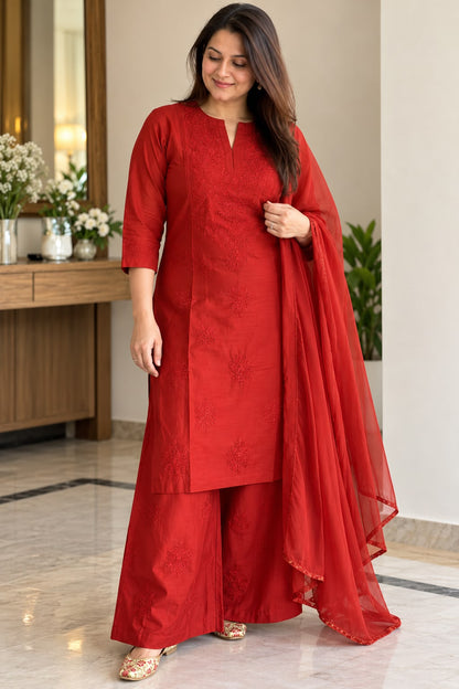Chanderi Silk Chikankari Palazzo Set with Resham Thread Embroidery & Dupatta | House of Anaraa