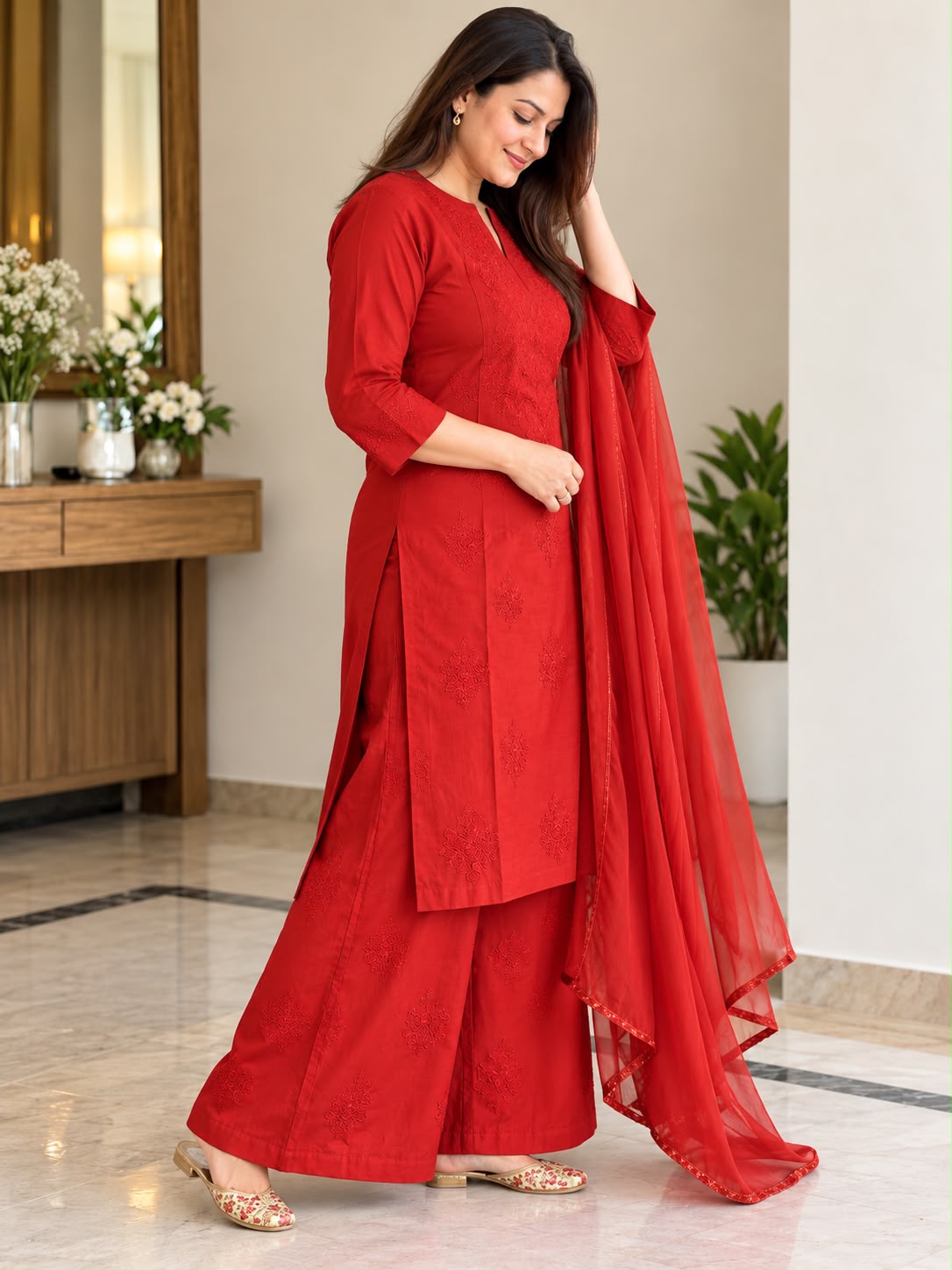Chanderi Silk Chikankari Palazzo Set with Resham Thread Embroidery & Dupatta | House of Anaraa