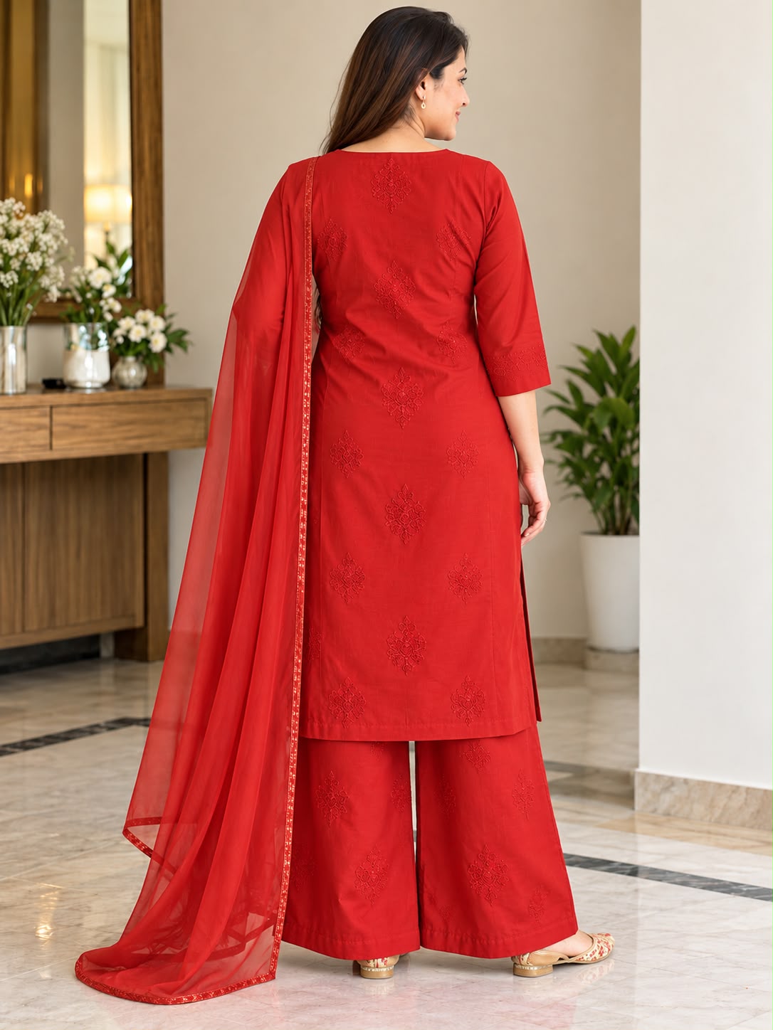 Chanderi Silk Chikankari Palazzo Set with Resham Thread Embroidery & Dupatta | House of Anaraa