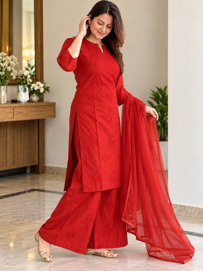 Chanderi Silk Chikankari Palazzo Set with Resham Thread Embroidery & Dupatta | House of Anaraa