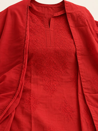Chanderi Silk Chikankari Palazzo Set with Resham Thread Embroidery & Dupatta | House of Anaraa