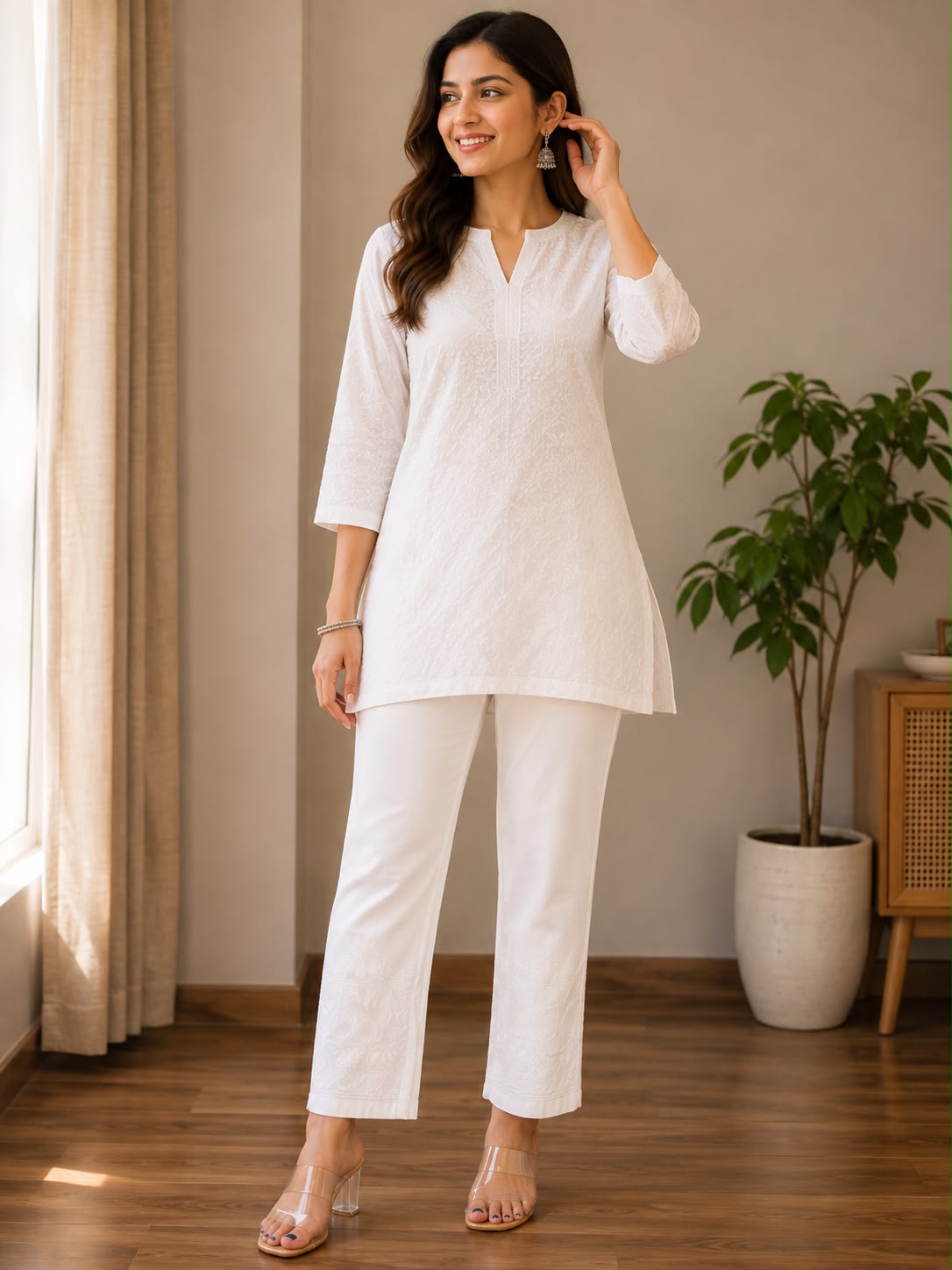 A woman modeling a white two-piece kurta and chikankari  trouser set in a bright, modern room with wooden floors, beige curtains, and a potted plant.