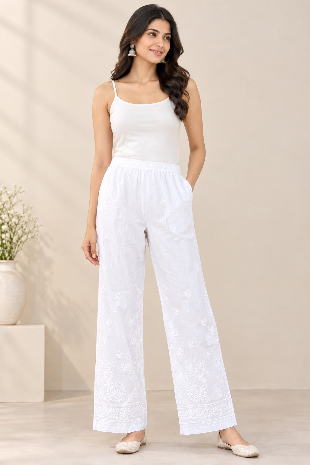 Chikankari Cotton Straight Pants for Women | Lucknowi Embroidered Cotton Trousers – House of Anaraa