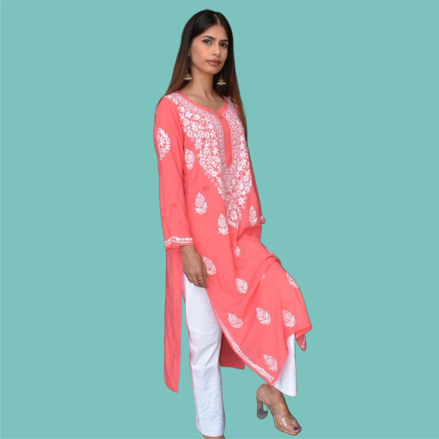 Lucknowi  Chikankari Modal Long Kurti-Coral