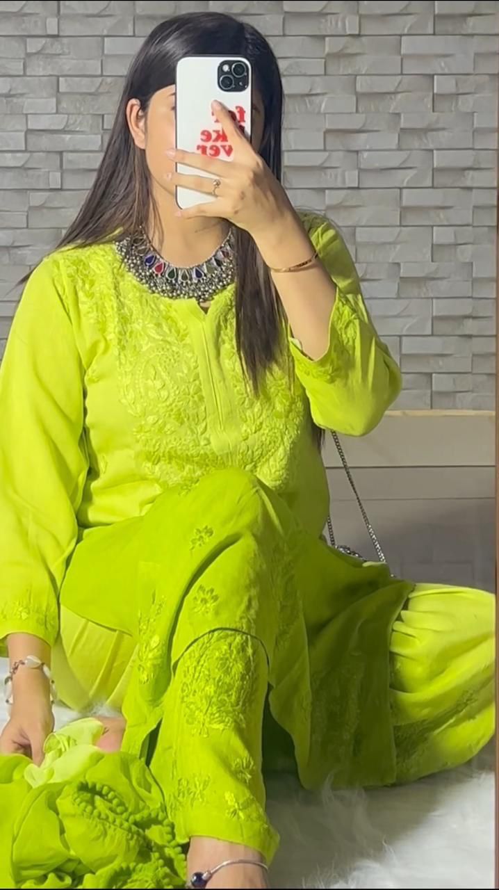 Chikankari Premium Hand-Embroidered Dye Rayon Plazzo Set With Dupatta