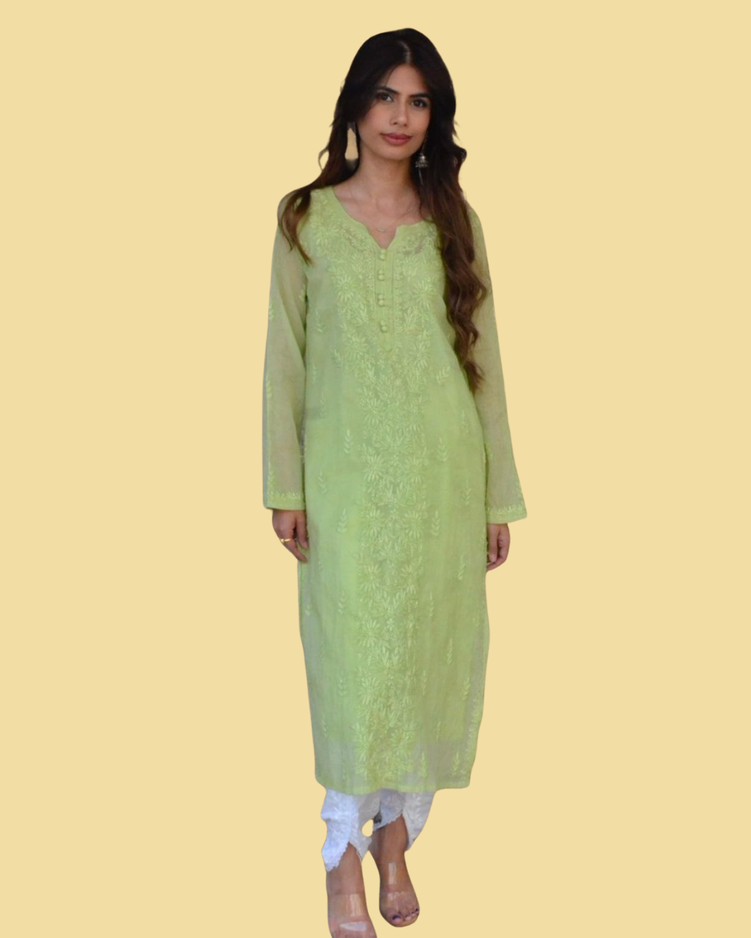 pistachio green mu chanderi chikankari Kurti with fine hand embroidery-elegant festive wear by house of anaraa