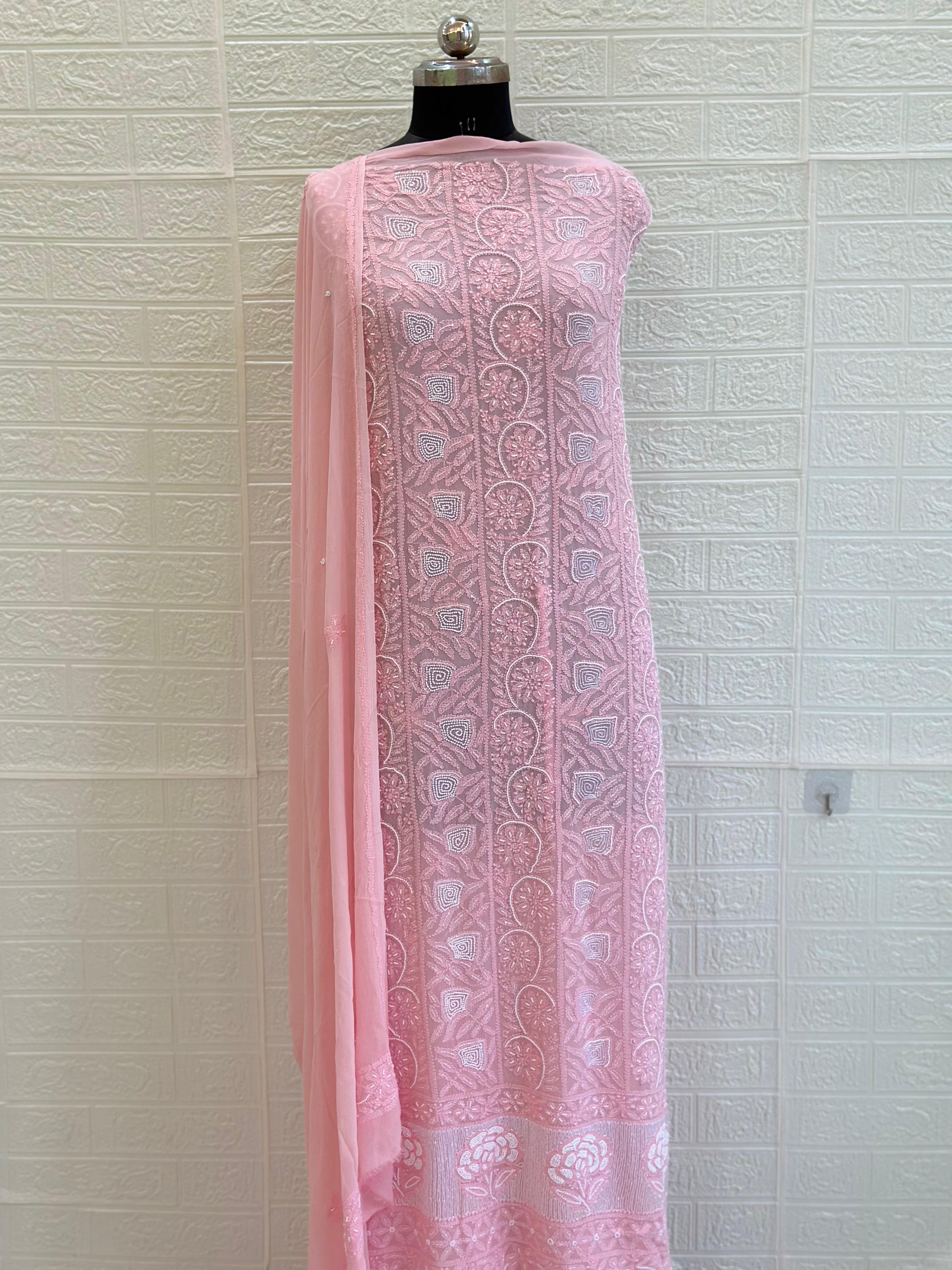 Chikankari Viscose Georgette Unstiched  Full Jaal Suit Set – Hand Embroidery with Pearl & Cut Dana Work