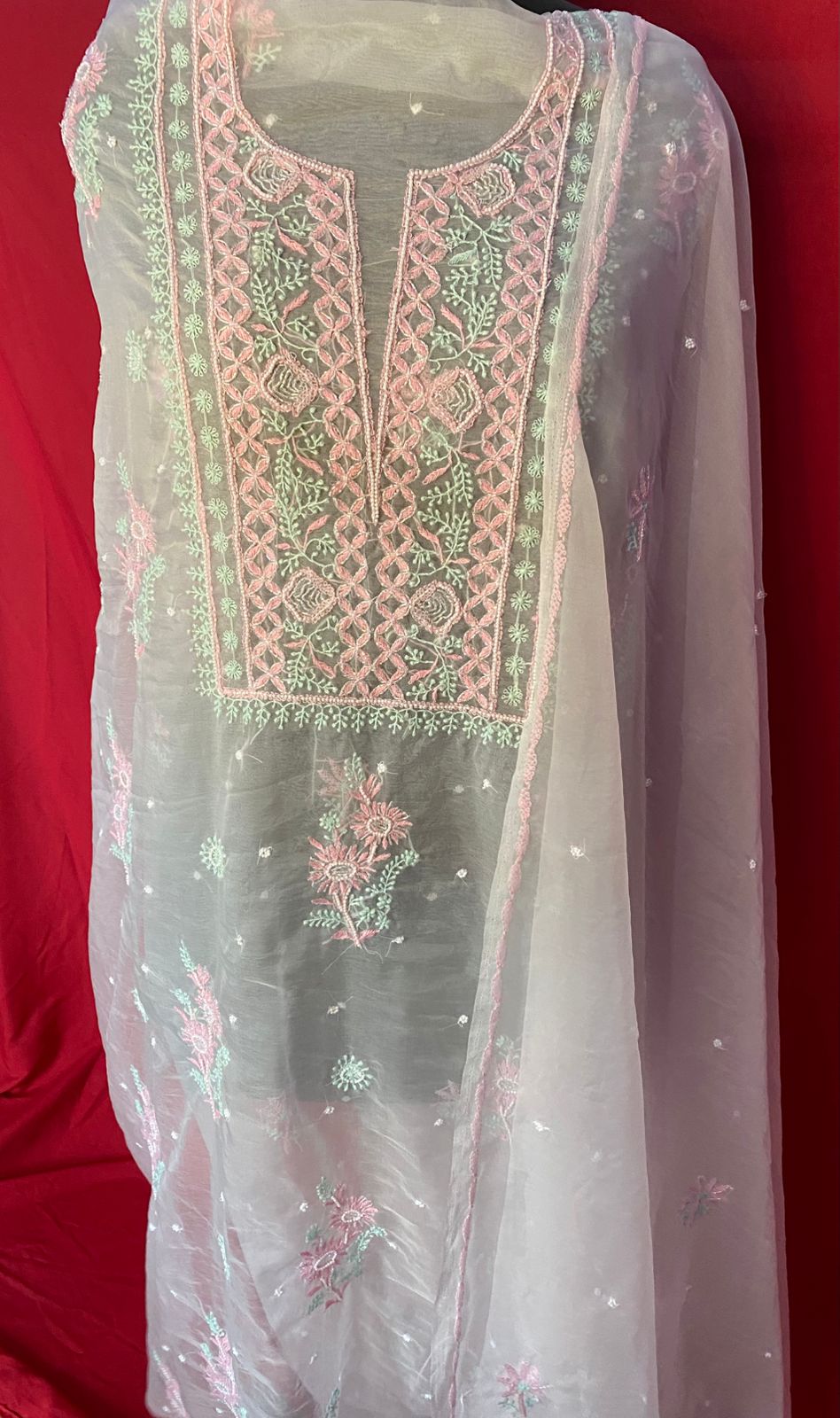 Pure Organza Unstitched Kurti & Dupatta Set – Multicolor Hand Embroidery with Pearl Embellishments

