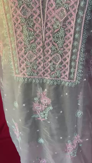 Pure Organza Unstitched Kurti & Dupatta Set – Multicolor Hand Embroidery with Pearl Embellishments
