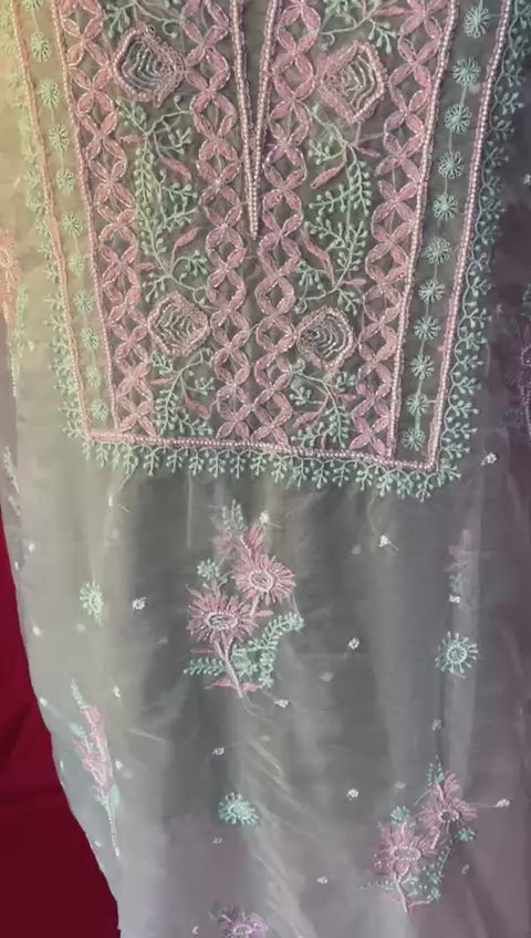 Pure Organza Unstitched Kurti & Dupatta Set – Multicolor Hand Embroidery with Pearl Embellishments
